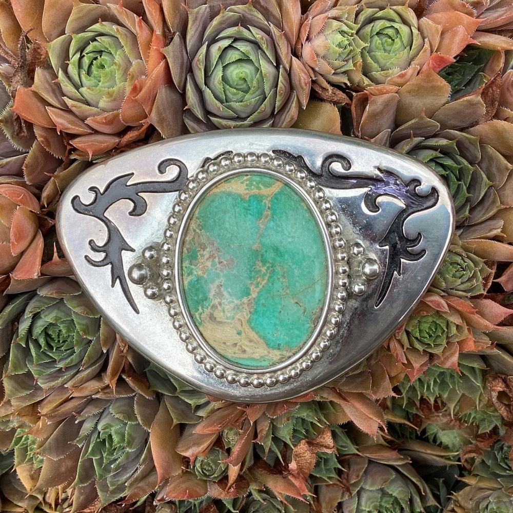 Vintage Unisex Western Boho Large Green Turquoise Stone Etched Metal Belt Buckle - Picture 2 of 13